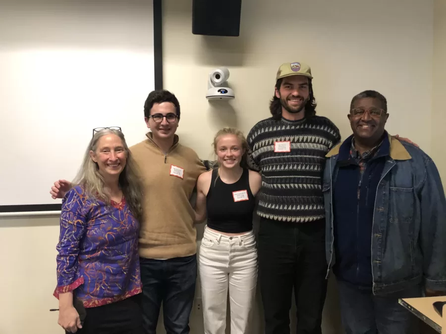 Three RS double-majors presented their interdisciplinary research at the 2023 Mount David Summit on a panel entitled “Religion in America: Ancient Traditions ~ Modern Iterations.” From left: Prof. Cynthia Baker (panel moderator), Max Devon ’23 RS & History; Alice Cockerham ’23 RS & Anthropology; Alex Platt ’23 RS & Rhetoric, Film, & Screen Studies; Prof. Charles Nero (thesis advisor for Alex’s RFSS thesis). Three other RS majors presented on a panel entitled “Crafting Religious Identities through Comedy, Poetry, Midrash, and Memoir.