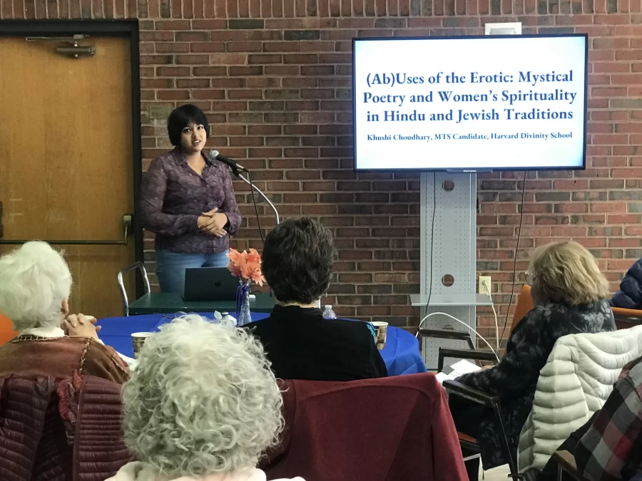 Eroticism and the Divine: a comparative look 
at the Song of Songs and the Gita Govinda

A feminist talk about eroticism and religion titled “Gardens of Oppression: In Search of Her Delight,” to be delivered by Khushi Choudhary, Bates Class of 2023, who is a candidate for a Master of Theological Studies degree at the Harvard Divinity School.

The brunch begins at 11 a.m. The talk, followed by a Q&A session with Choudhary, begins at noon.

Donations for the brunch are $10. Those planning to attend should RSVP by emailing the synagogue at Temple6359@aol.com no later than Tuesday, April 2.

Written under the direction of Professor of Religious Studies Cynthia Baker, Choudhary’s 2023 honors thesis explores the place of eroticism in religion.

  “Eroticism has no place in religion. Or so I’ve heard,” Choudhary wrote in her thesis abstract.  Yet, the Song of Songs and the Gita Govinda, among other texts, complicate the separation of eros/kama and God and “invite speculation about the place of desire and passion in human-divine relationships.”

 “These texts have lured me on with scandalous glimpses of mutuality, equality, even sexuality as defining elements of sacred eros,” she says. “More than that, each features an unapologetically assertive female protagonist in active pursuit of the divine object of her desire. Can God really be sought and enjoyed by women like me? Not without some challenges.”

Using her “native Hinduism and newfound dalliance with Judaism,” Choudhary will consider “how the larger patriarchal structures of Judaism, Christianity and Hinduism tend to corrupt the erotic impulse.”  She maintains, however, that “where culture dooms, let counterculture bloom!”