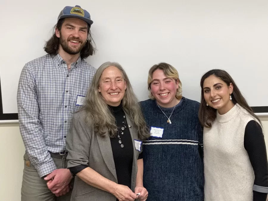 Three Religious Studies majors presented their research at the Mount David Summit in April 2022 on a panel titled, “Religious Studies at the Cutting Edge: Life and Death, Love and War, Local and Global.” From left: Alex Platt ’23, Cynthia Baker (moderator), Maddie Korbey ’22, and Insha Afsar ’22.