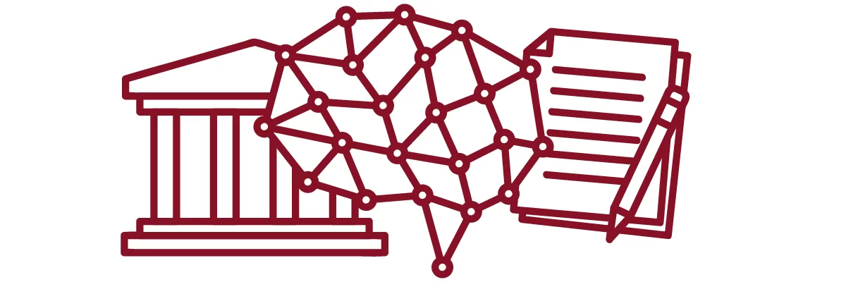 academic building, brain, paper, and pencil icons in garnet