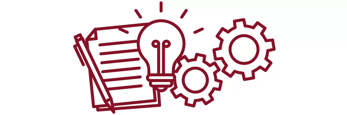 pen, stack of paper, light bulb, and gear icons in garnet