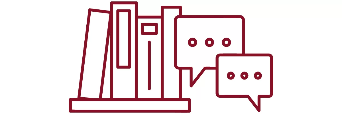 books on a shelf and chat bubble icons in garnet