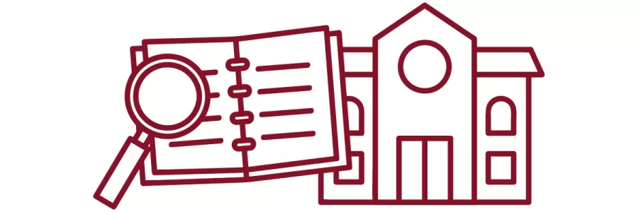 magnifying glass, notebook, and academic building icons in garnet