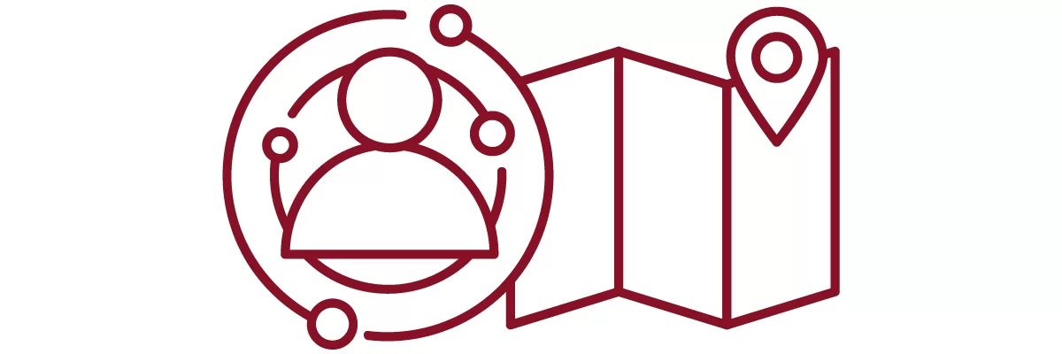 person, circular network, map, and marker icons in garnet