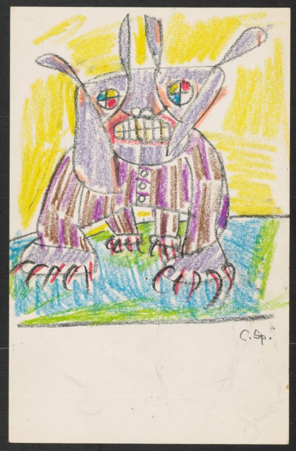 Carl Sprinchorn, “Somehow a Creature from My Swan Song series,” 1964, Pencil and Crayon, 7 x 4 ½ in., Anonymous gift, 2005.23.4.