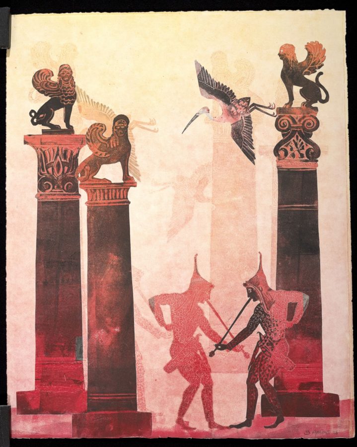 Susan Amons, “Piper with Sphinxes/Red + Black,” 1998, Intaglio, 19 ⅞ x 16 in., Museum Purchase, 2000.23.11.