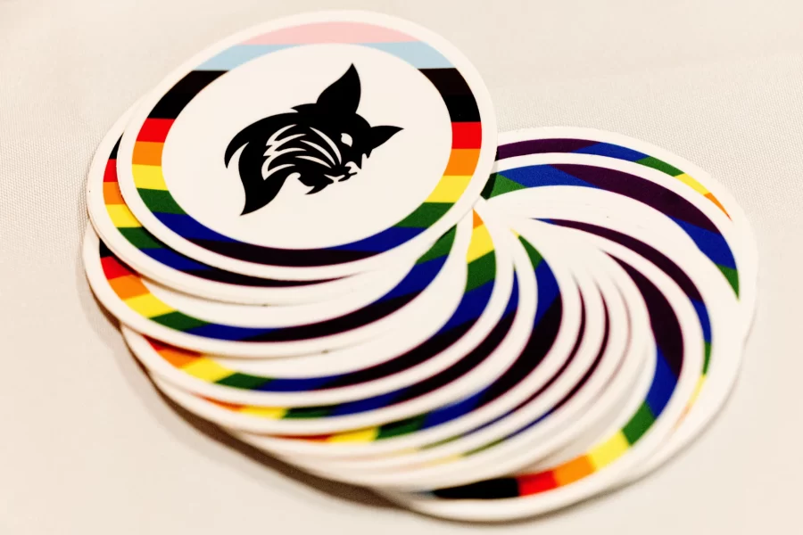 round SPARQ logo stickers, rainbow ring and Bates Bobcat logo in center