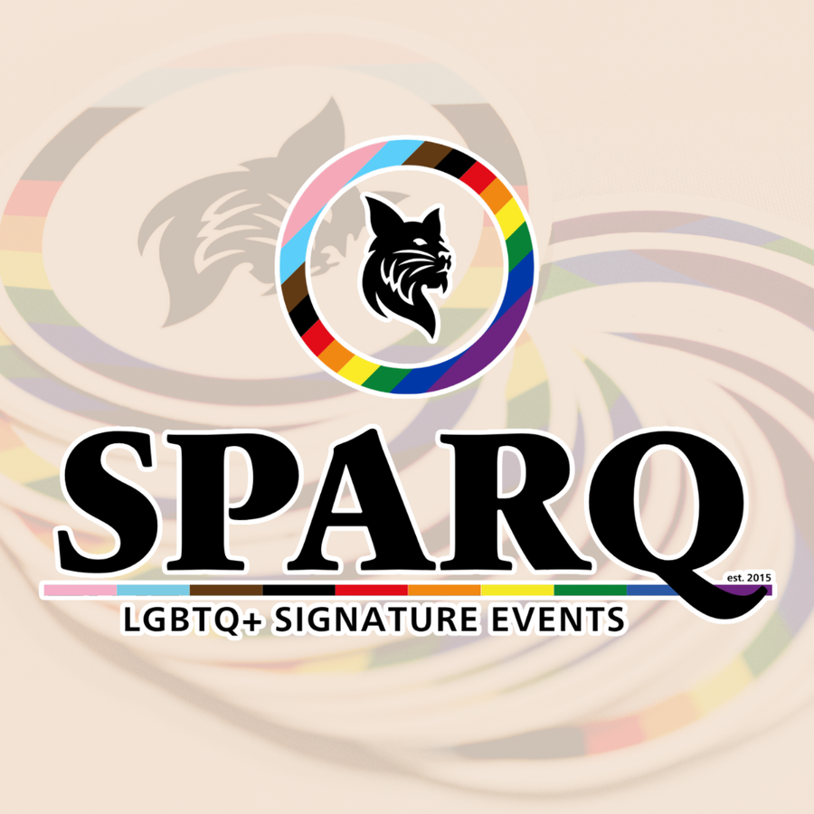 SPARQ logo for signature events. Rainbow circle with bobcat in center transparent in background