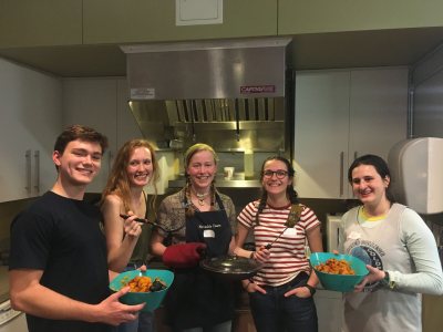 The events working group. From left: Jasper Beardslee '22, Liv Guion '21, Essie Martin '21, Elly Beckerman '22, and Sophie Landes '21.