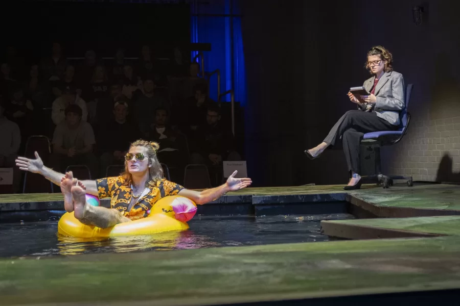 Students perform in the Fall 2025 theater and dance performance featuring an on stage "pool" of water as well as new lighting and sound technologies.