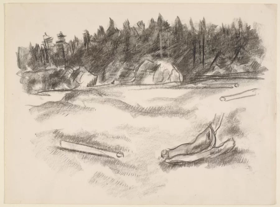 Marsden Hartley, [Seacoast with Trees, Rocks, and Driftwood], ca. 1936-43, Lithographic crayon on white paper, 8 1/2 x 11 1/4 in,  Bates College Museum of Art, Marsden Hartley Memorial Collection, Gift of Norma Berger, 1955.1.27