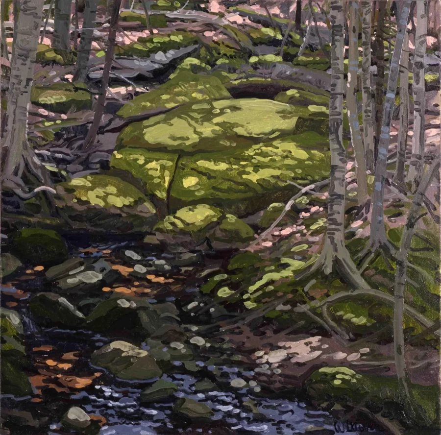 Neil Welliver, Light in Brook, 1985, oil on canvas, 24 x 24 in, Gift of Dorothy Stiles Blankfort, class of 1931, 1986.11.1