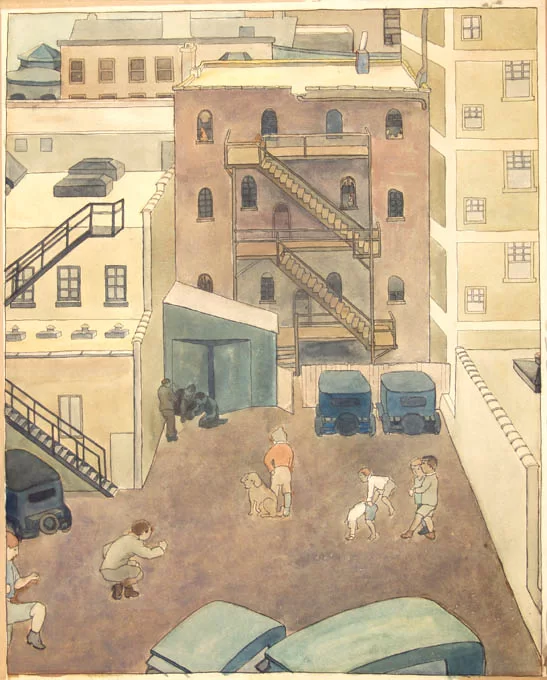 Ruth B. Fuller Irving, Chicago Backyard, n.d., watercolor on paper, 15 x 13 in, Bates College Museum of Art, gift of the artist, 1991.21.1.a