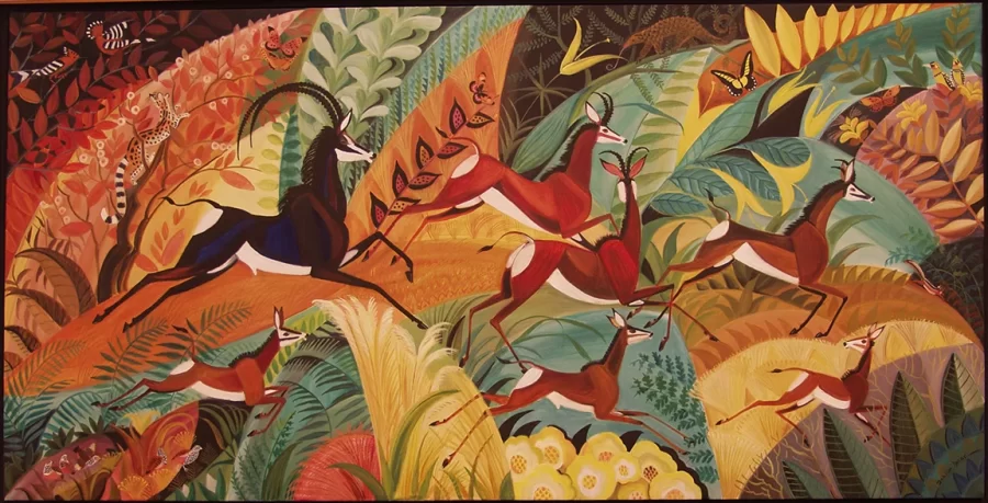 Dahlov Ipcar, Sable Nyika, 1988, oil on canvas, 30 x 60 in, Bates College Museum of Art, Gift of the artist, 1991.8.1