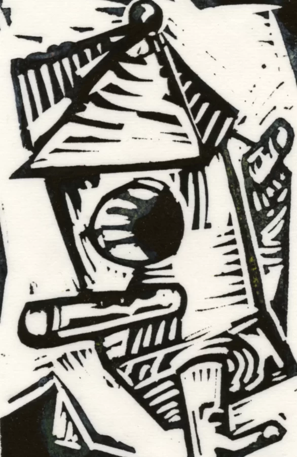 Charlie Hewitt, Untitled (Birdhouse), 1992, linocut on paper, 6 x 3 1/2 in, Museum Purchase, 1992.28.21