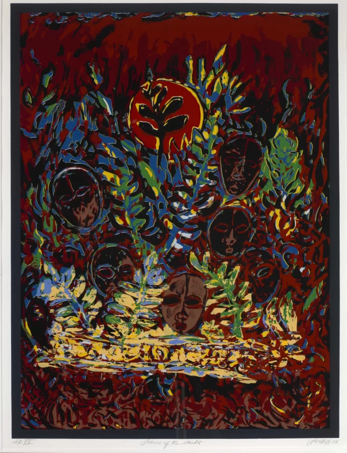 David Driskell, Dance of the Masks, 2008, serigraph, 24 x 18 in, Bates College Museum of Art purchase with the Jean LeMire ’53 Fund, partial gift of the artist and Greenhut Galleries, 2008.3.1