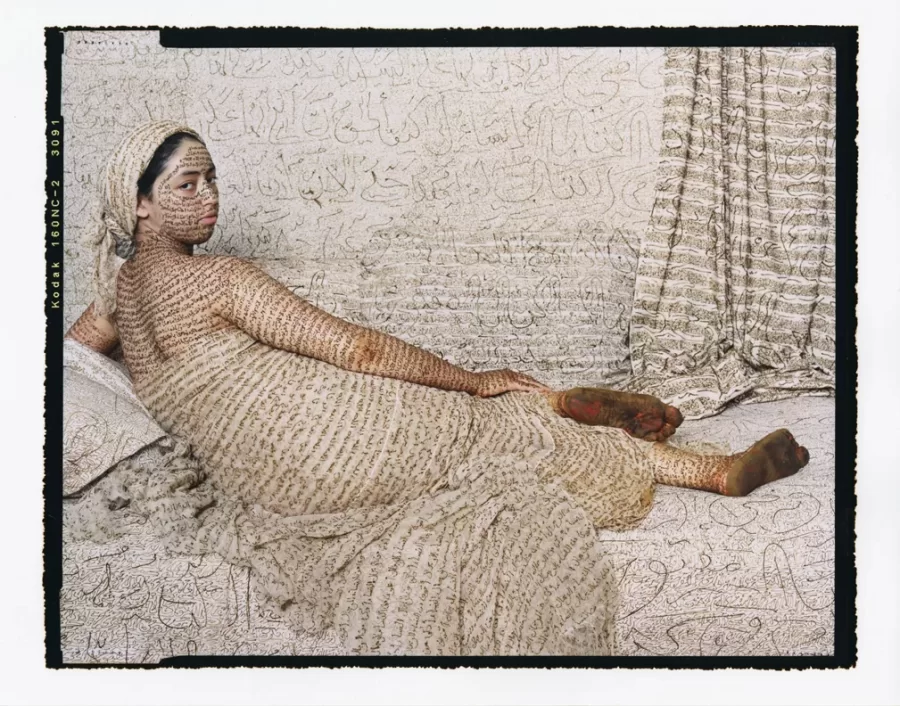 Lalla Essaydi, Grand Odalisque, 2008, C-4 print mounted on aluminum, 33 3/4 x 40 1/4 in, Bates College Museum of Art purchase, with support from the Davis Family Foundation, 2011.20.1