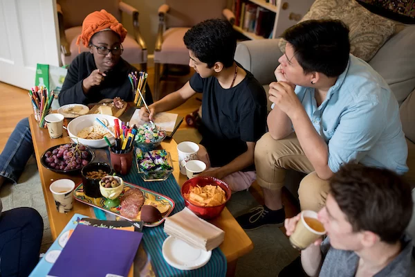 From left to right around table:
Korbin Houston '18 of Chicago
Topher Castañeda '20, Los Angeles
Jesus Carrera '20, Waco, Texas
Justin Levine '20, Boca Raton, Fla.
Brittany Longsdorf, Multifaith Chaplain
Miranda Patilla '19 of Midland, Texas
Brittany said: "We were thinking about doing something over break. And we thought, how can we do something with cheese?