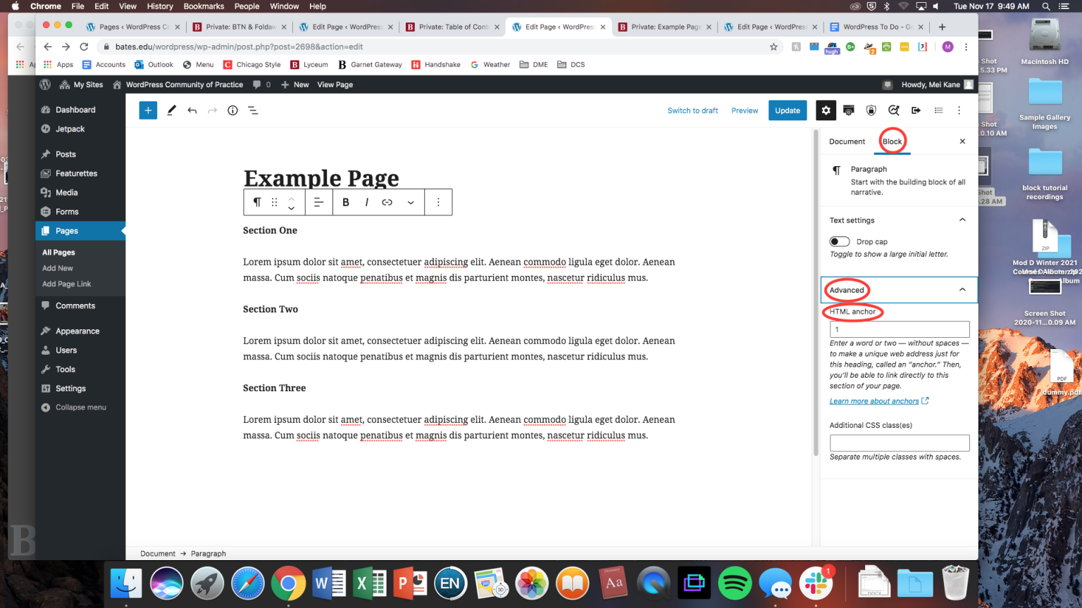 Page Anchors WordPress Community of Practice Bates College