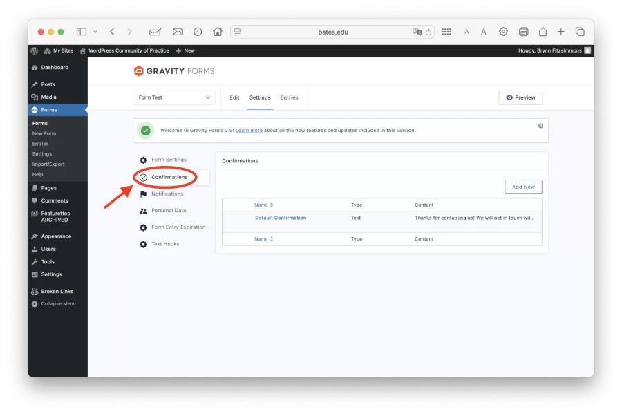 Editing form confirmation messages screenshot.
