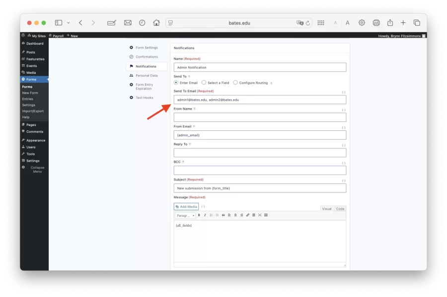 Editing email notifications recipient list screenshot.